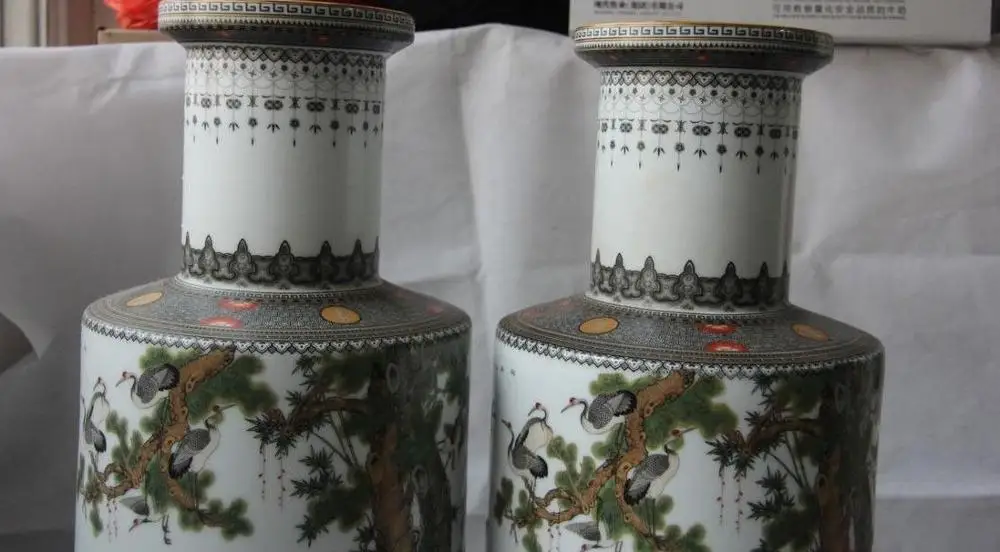 Китайский Королевский дворец Wu Cai фарфоровая сосна Красная корона кран горшок ваза пара