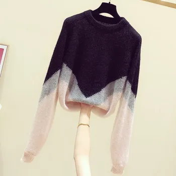 

New Autumn Winter Loose Mohair Pullovers Female Sweaters All-match Color Matching O Neck Long Sleeve Knitted Top for Women