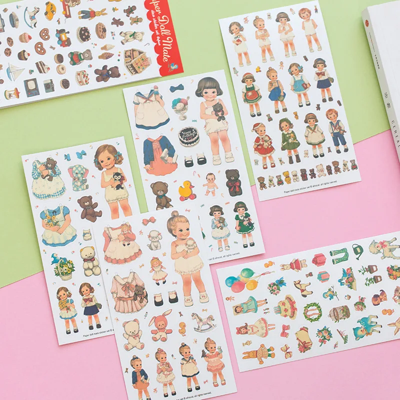 6 Pcs Paper Doll Mate Kawaii Change Clothes Girl Paper Sticker for Kids Photo Ablum Decorations Scrapbooking Diary Classic Toys