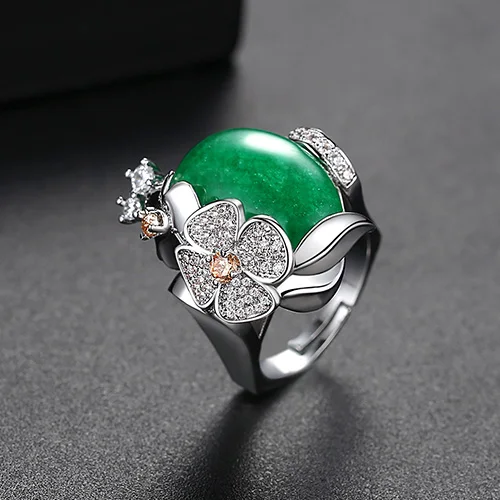 LUOTEEMI роскошное кольцо с зеленым камнем для женщин модные юбилейные украшения цветок Открытый палец Anillos Mujer Bijoux рождественские подарки - Цвет основного камня: White Gold Plated