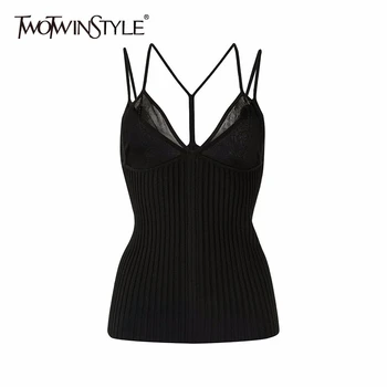 

TWOTWINSTYLE Casual Knitting Women Camis V Neck Spaghetti Strap Sleeveless Slim Striped Vest Female Fashion Clothing 2020 Spring