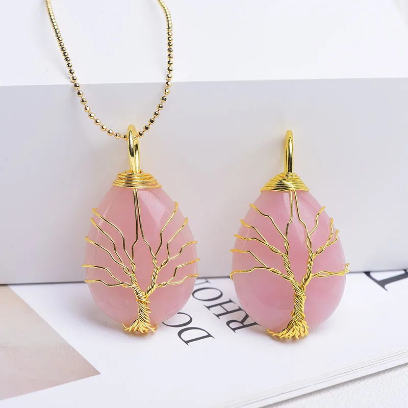 

1pc Natural Crystal Rose Quartz Tree of Life Pendant Reiki Healing Specimen Mineral Jewelry Fashion Charm Ladies DIY Gifts Souve