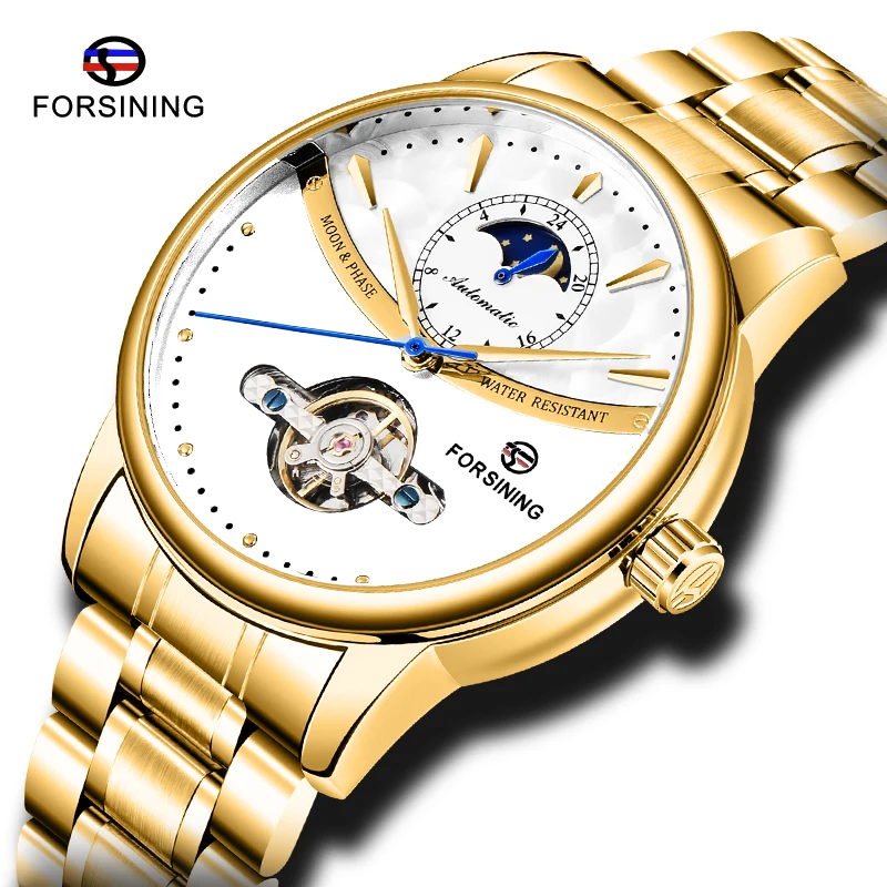 

Royal FORSINING Mens Automatic Wrist Watch Golden Sun Moon Skeleton Stainless Steel Mechanical Clock Waterproof Watches Relogio