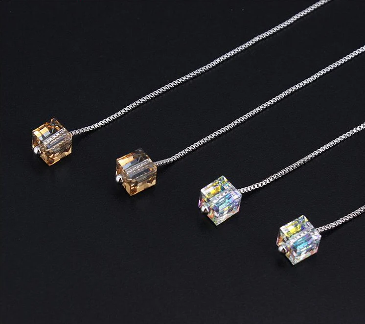 OL-Style-Crystals-From-Swarovski-Long-Line-Chain-Drop-Dangle-Earring-Fashion-Jewelry-Cube-Sterling-Silver