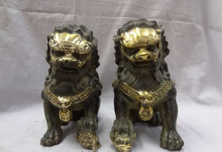 voge gem S2978 Chinese Bronze Gilt Animals Guardian BiXie Foo Fu Dog Door Lion Ball Statue Pair D0317 | Дом и сад