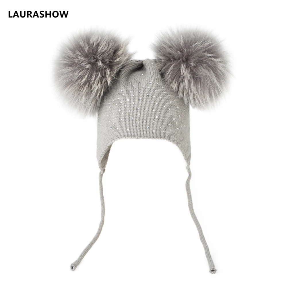 15CM GREY POM Детская Весенняя вязаная шапка с помпонами из меха енота; детская шапка; Детские шапочки - Цвет: 15CM GREY POM