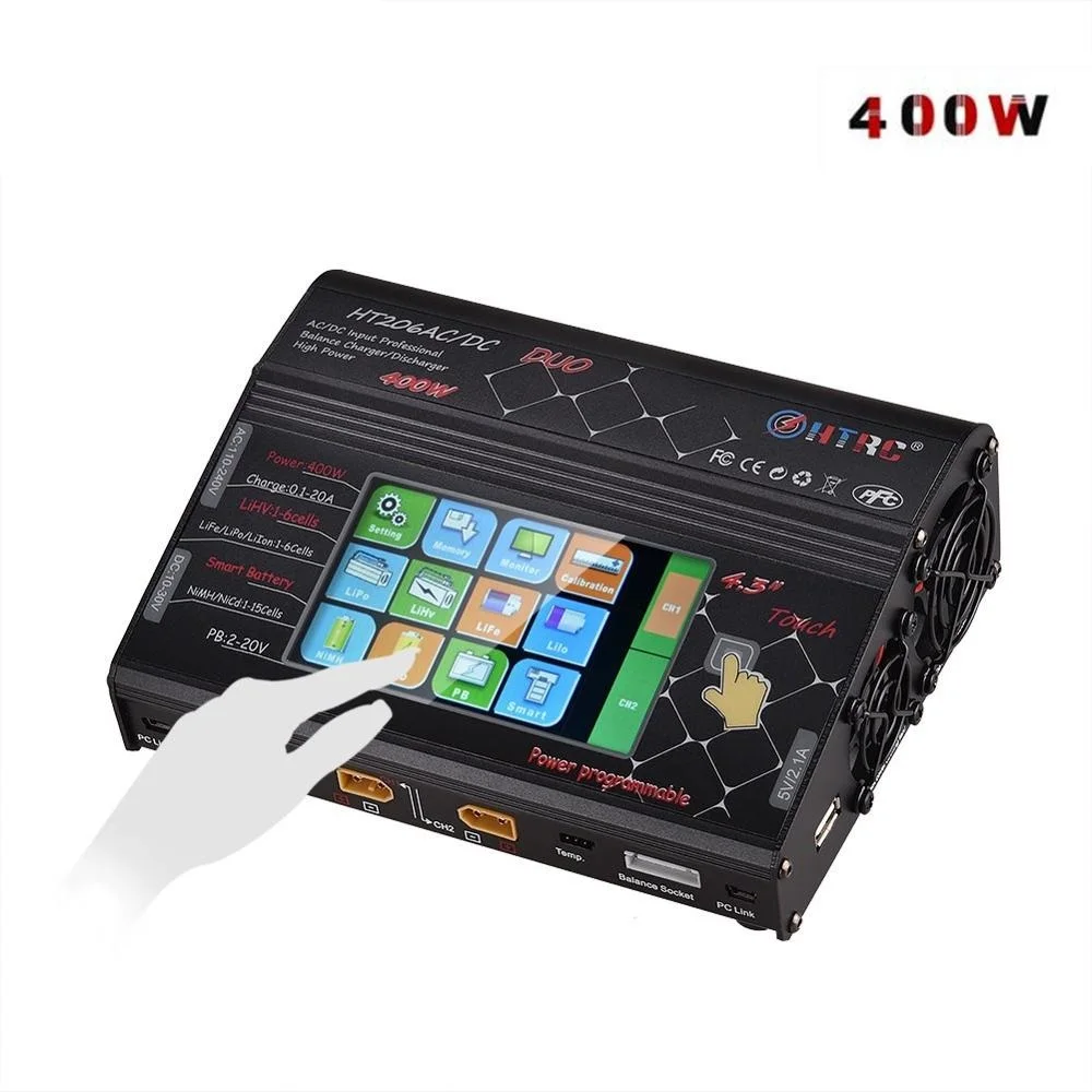 

HTRC HT206 AC/DC DUO 400W 40A Dual Port RC Charger Balance Lipo Charger LCD Touch Screen Lilon/LiPo/LiFe/LiHV Battery Discharger