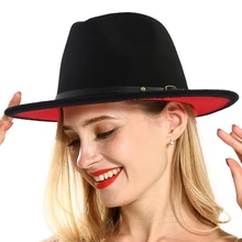 Черные красные лоскутные шерстяные фетровые джазовые шляпы с пряжкой на ремне, декор для женщин унисекс с широкими полями Панама Трилби ковбой Кепка Панама