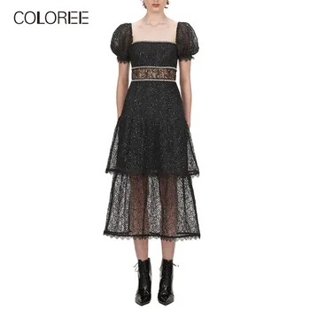 

High Quality Luxury Diamonds Beading Party Dress Women 2019 Spring Vintage Puff Sleeve Midi Black Hollow Out Lace Dress Female