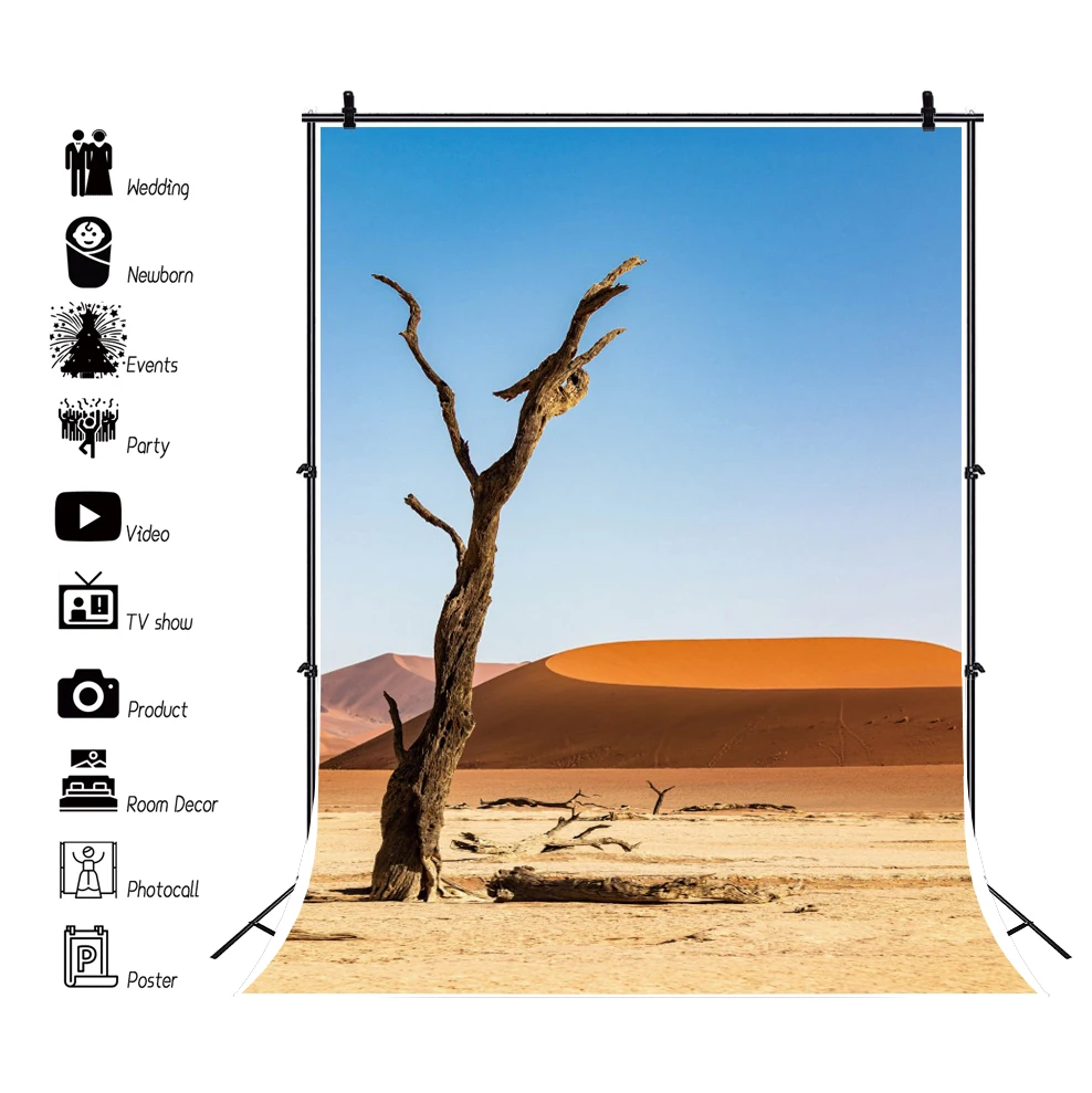 

Laeacco Desert Dune Tree Natural Scenic View Blue Sky Photography Background Photo Backdrop Travel Party Firend Photocall Poster