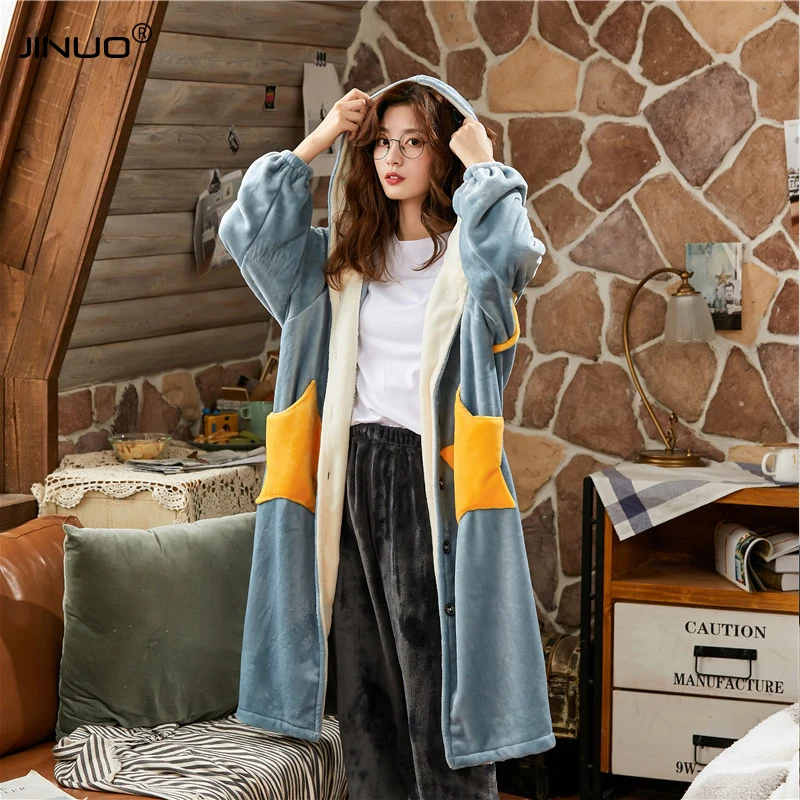 

JINUO Fashion 2020 Winter Long Sleeve Coral Velvet Thicken Flannel Cartoon Women's Robes Femme homewear Sleepwear pajamas