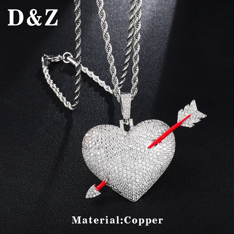 

D&Z Micro Paved AAA+ Cubic Zircon Love Heart with Arrow Necklace for Men Hip Hop Jewelry