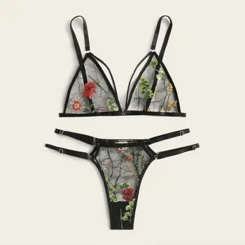 

Women Sexy Lingerie Floral Embroidery Bralette Bra Brief Sets Crop Top Thong Sheer Mesh Triangle Bustier See Through Underwear