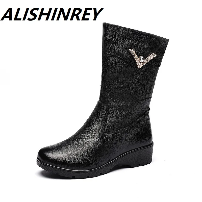 ALISHINREY/; женские ботинки; модные ботинки на танкетке из натуральной кожи до середины икры; плюшевые зимние теплые ботинки; женские ботинки из хлопка; Botas Mujer