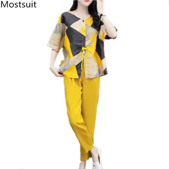 

2020 Summer Casual Fashion Women 2 Piece Pants Suits Sets O-neck Lace-up Tops + Harem Pants Sets Plus Size Korean Female Sets