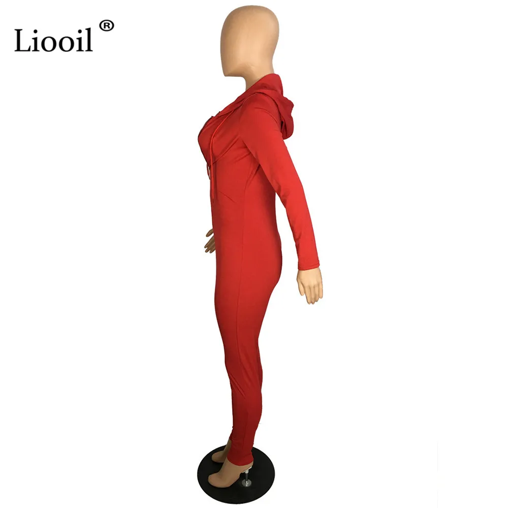 Liooil, цельный, сексуальный, черный, красный, Облегающий комбинезон для женщин, осенний, с длинным рукавом, с капюшоном, на молнии, вечерние, Клубные комбинезоны, женский комбинезон, комбинезоны