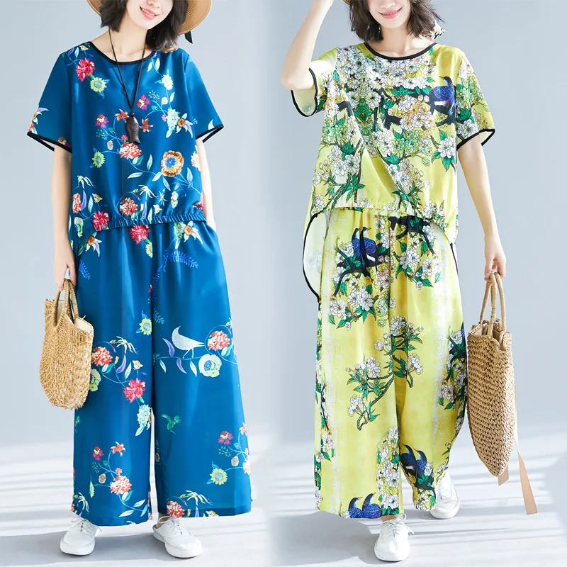 

Photo Shoot New Style Retro Literature And Art Chiffon Printed Not Positioning Short Sleeve + Loose Pants Large Size Combo 8