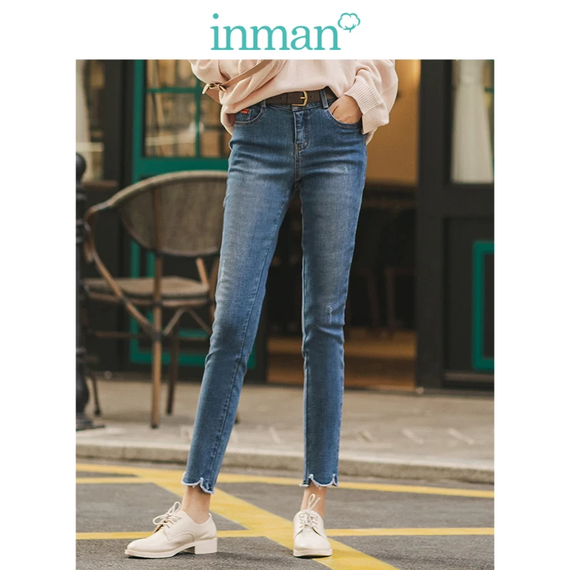 

INMAN Winter Embroidery Irregular Thin Women Long Jeans