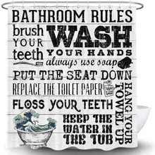 

Rustic Black and White Shower Curtain for Bathroom, Rules Decor with Japanese Wave Funny Quotes on Wooden Board Background,