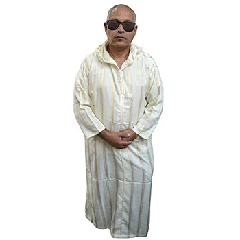 

Chilaba con Rayas Doradas, galabeya, túnica,Hombre Modelo marroquí, árabe, con Capucha, Mide 69 cm de sisa y 143 de Largo.