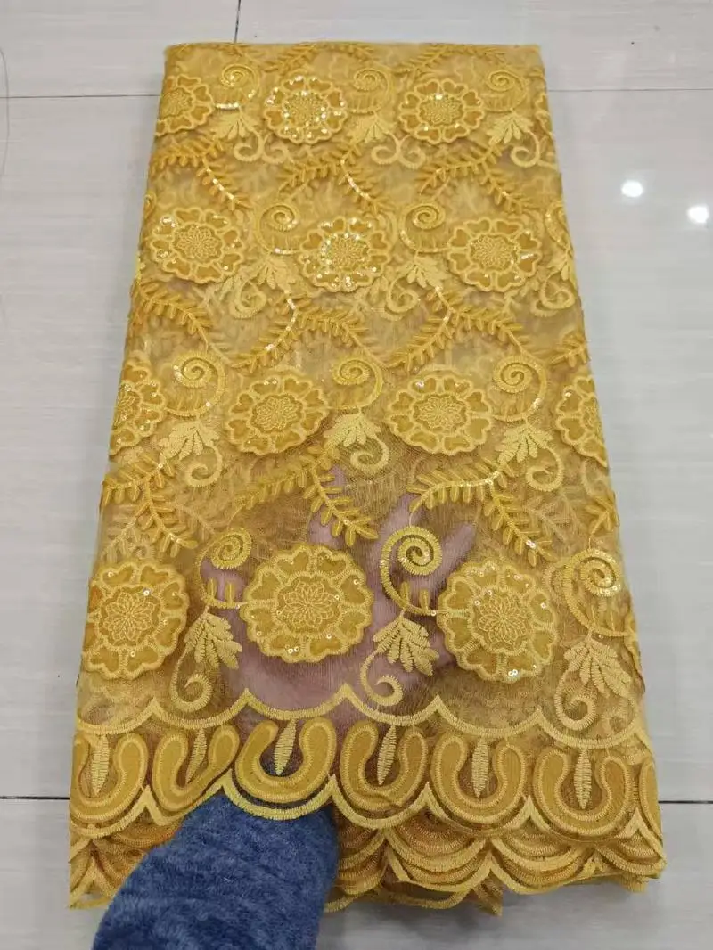 2021 YELLOW African Sequin Lace Fabric Embroidery French Mesh With Sequins Nigerian Tulle For Party FTB146 | Дом и сад