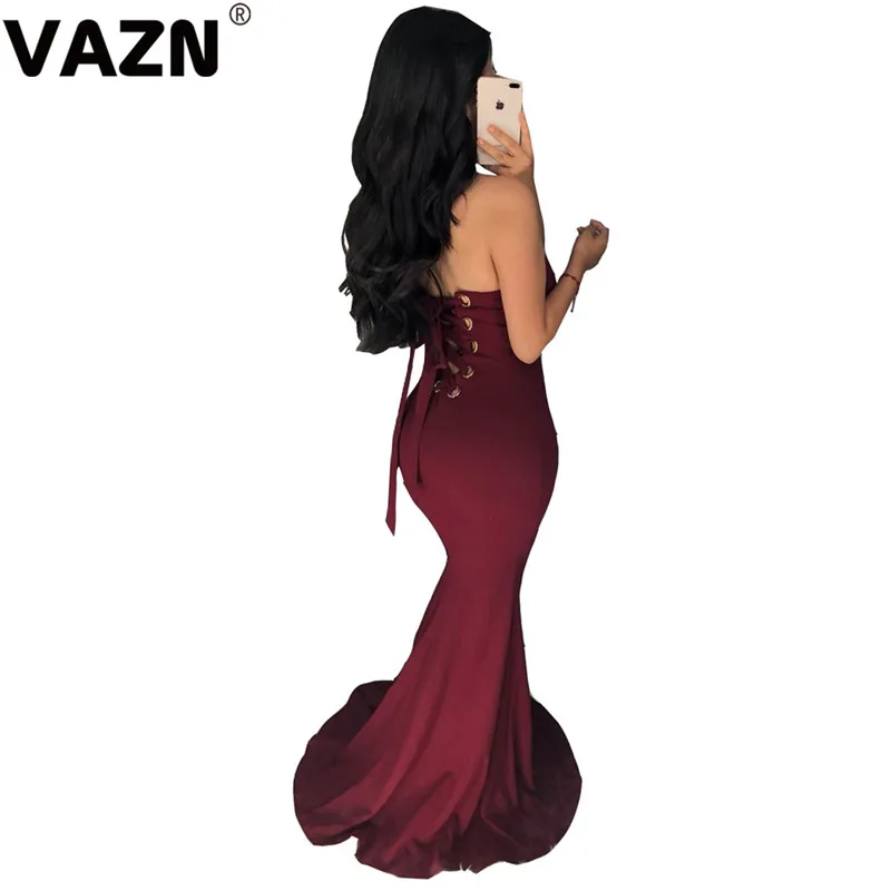 VAZN ALS060 New Young Lady Of Note Sexy Club Fashion Cross Bandage Backless Strapless High Waist Women Mermaid Maxi Dress