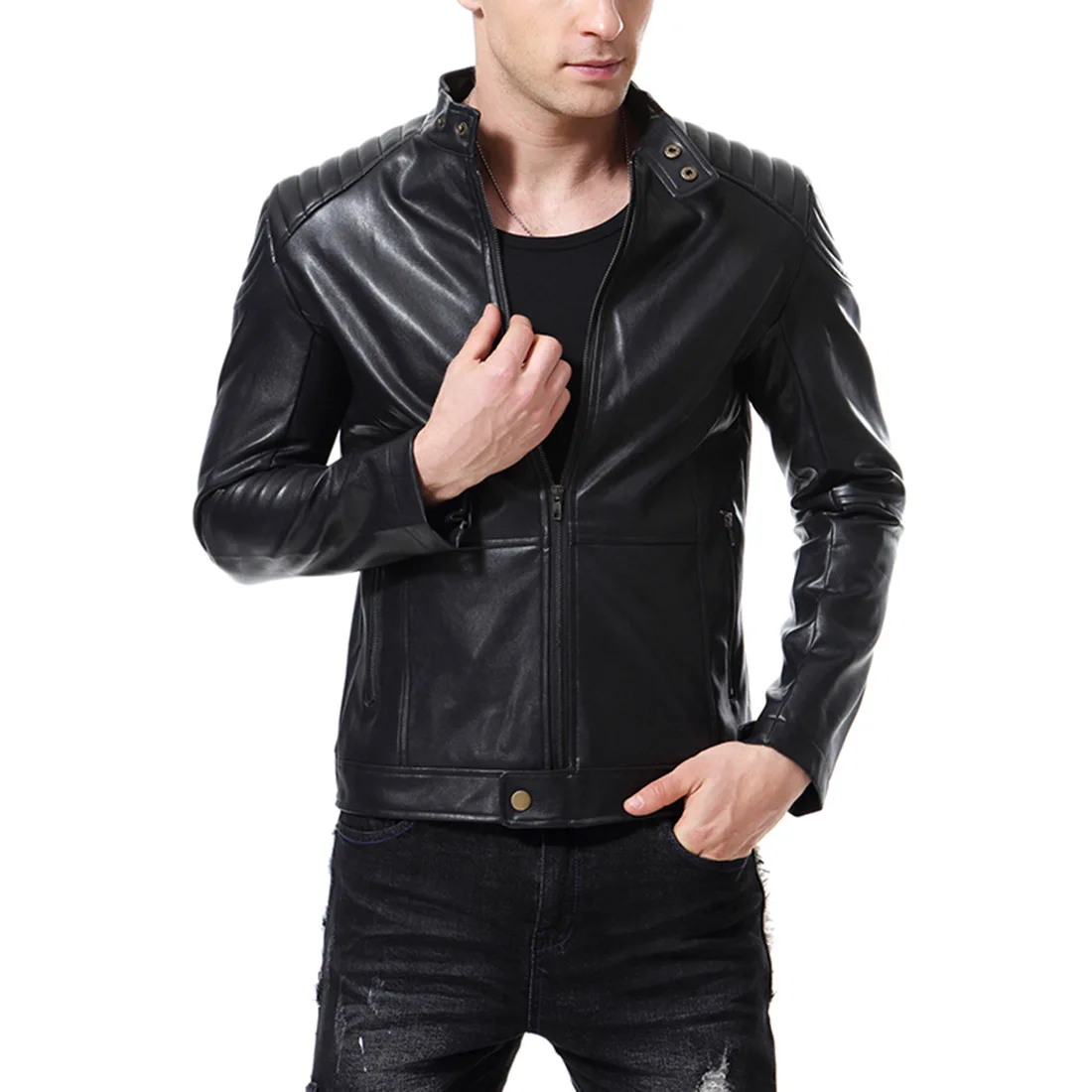 Autumn New Style Foreign Trade Large Size Men'S Wear Stand Collar Trend Washing PU Leather Jacket Casual Leather Coat B008