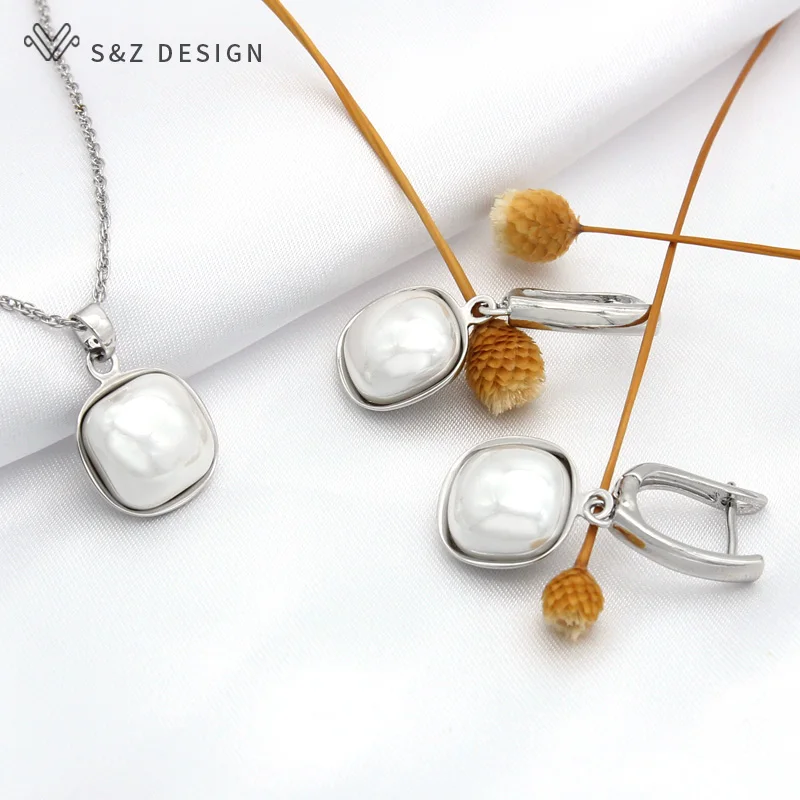 S&Z DESIGN Trendy Red Imitation Square Pearl Dangle Earrings Jewelry Sets For Women Wedding Party Elegant Fine Necklace