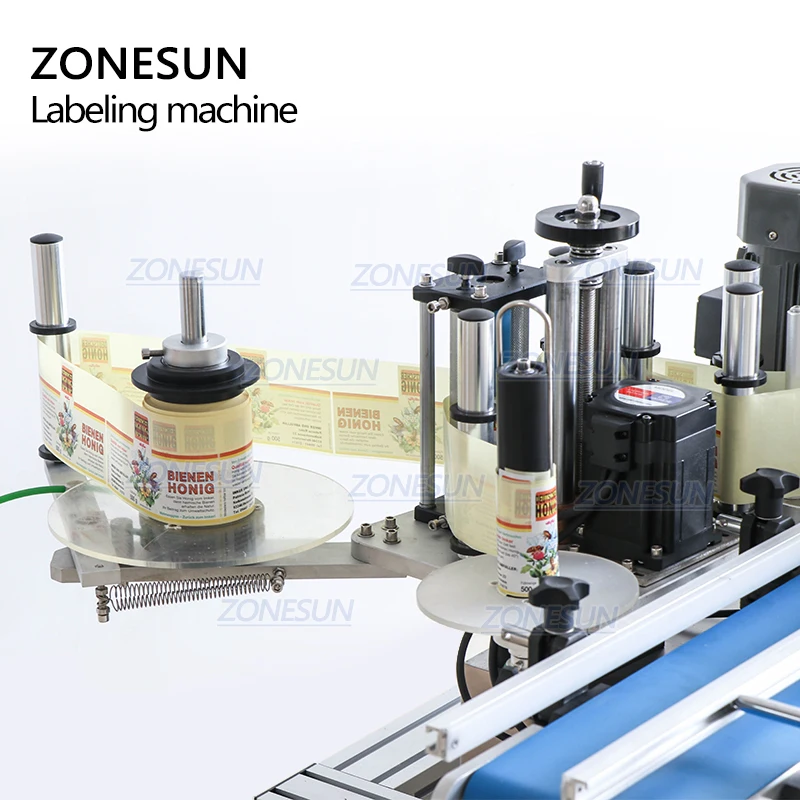 ZONESUN промышленный настольный автоматический аппликатор этикеток Этикетировочная машина для круглых пластиковых винных стеклянных бутылок, ПЭТ, ПП бутылок