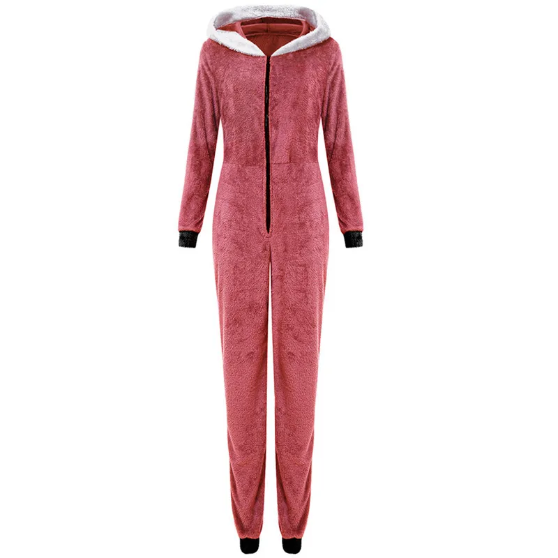 Christmas Day Home Plush Jumpsuit Jester Hat Front Zipper Long Sleeve Casual Loose Hooded Romper Women Overalls O8