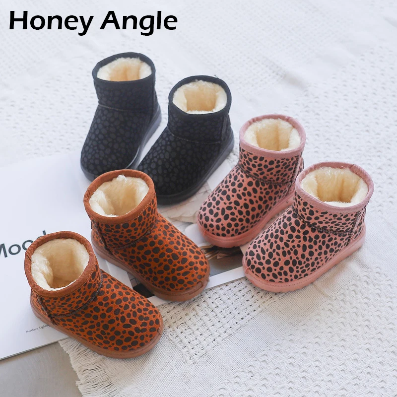 Honey Angle/зимние детские ботинки для девочек и мальчиков с леопардовым принтом; теплые детские ботинки в Корейском стиле; обувь для малышей; 26-35