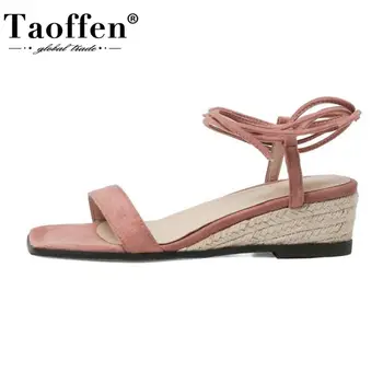 

Taoffen Women Sandals Real Leather Wedges High Quality Women Summer Shoes Fashion Sweet Shoes Office Ladies Shoes Size 34-39