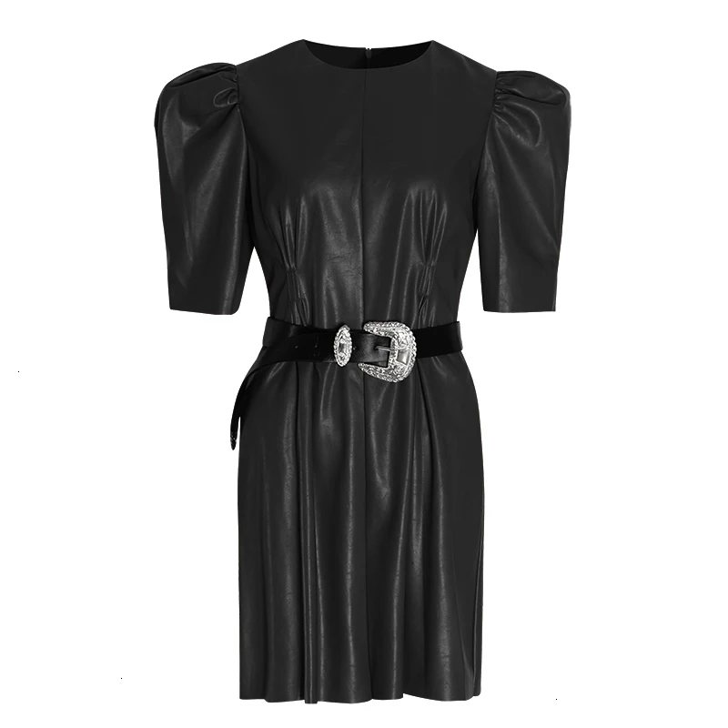 TWOTWINSTYLE/женское платье из искусственной кожи с круглым вырезом и пышными рукавами, прямые приталенные платья высокого пояса, женские осенние модные новинки года