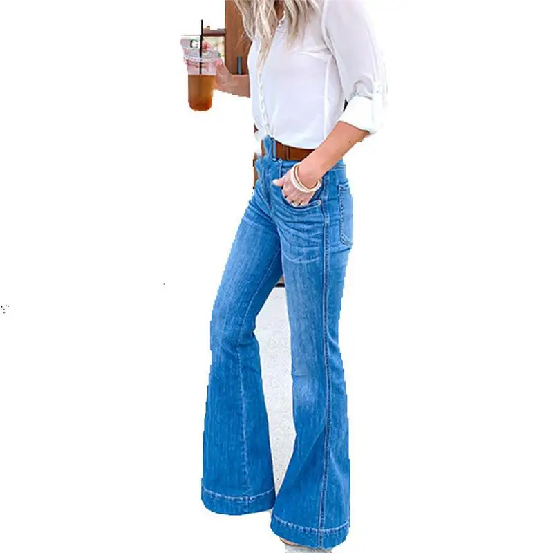 Plus Size Ladies High Waist Flare Jeans Women Skinny Bell Bottom Denim Pants Female Black Wide Leg Jeans