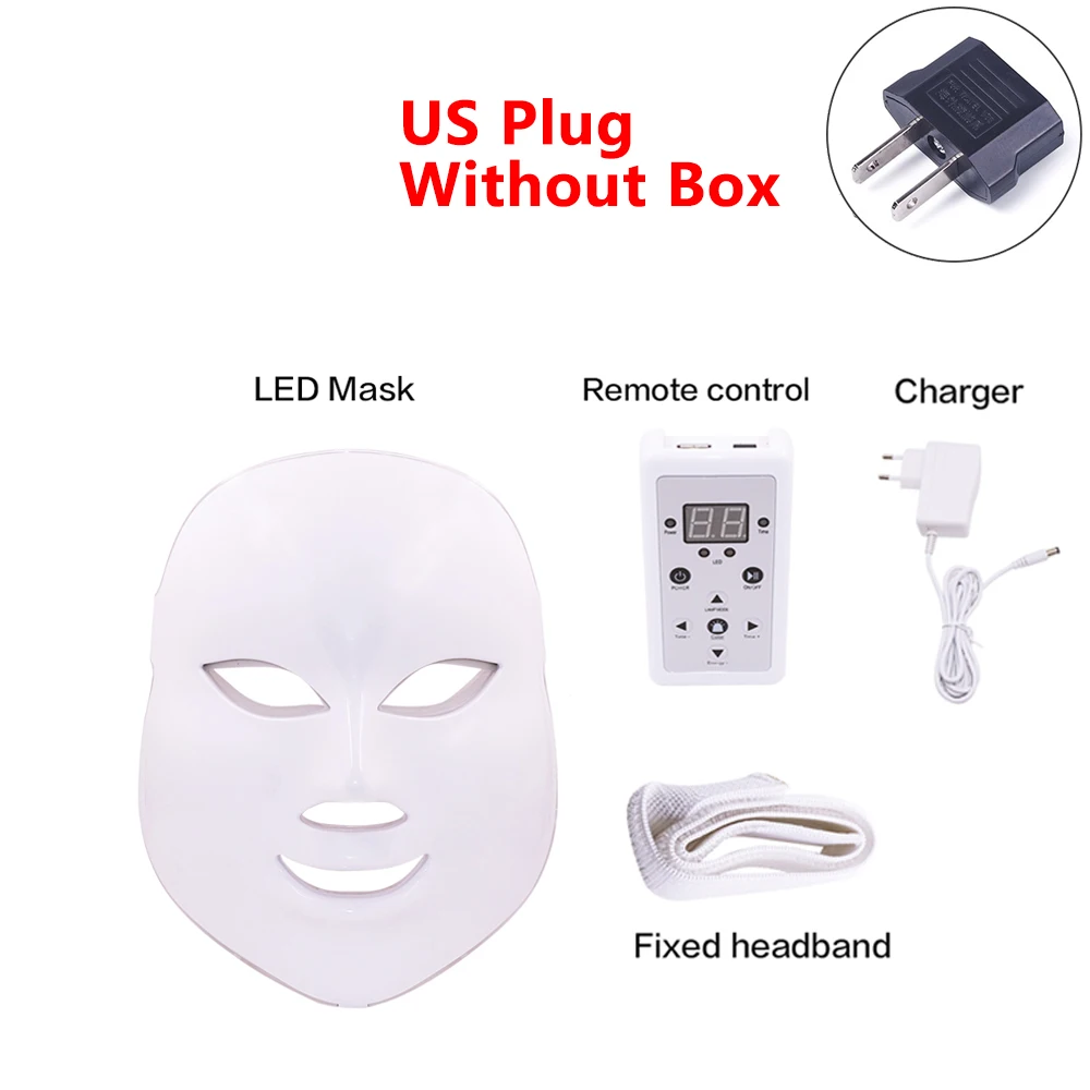 US Plug no Box 7 цветов светодиодный маска для лица красота омоложение кожи Фотон светильник маска для лица с шеи терапия морщин акне подтяните кожу инструмент - Цвет: US Plug no Box