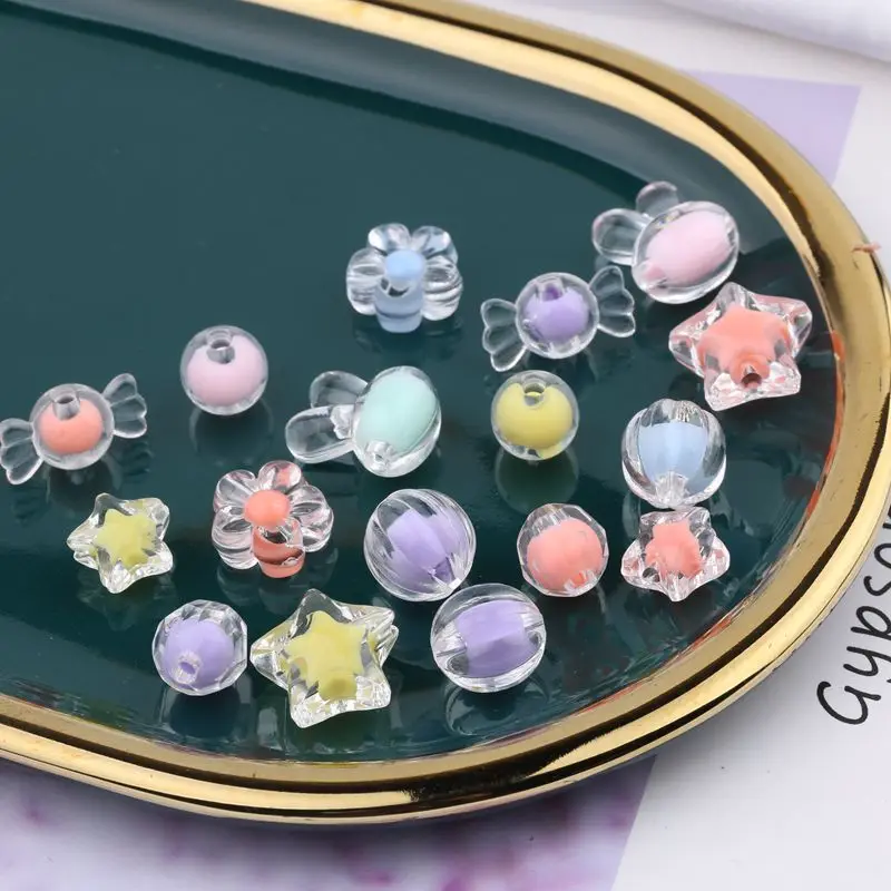 

Charms NEW 50pcs/lot Transparent Bead Acrylic Inner Color Star Beads Flower/Rabbit/Round/Candy For Craft DIY Jewelry Making