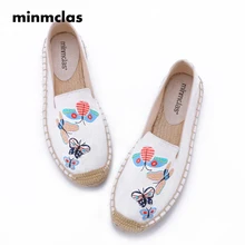 MInmclas/Новинка; модные удобные женские эспадрильи с вышивкой; Повседневная обувь; дышащая льняная парусиновая обувь из пеньковой ткани для девочек