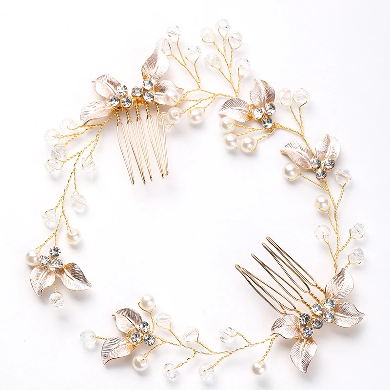 Golden Leaf Hairpin Headdress Comb Back Comb Hair Accessories Bridal Wedding Hair Decoration LL@17