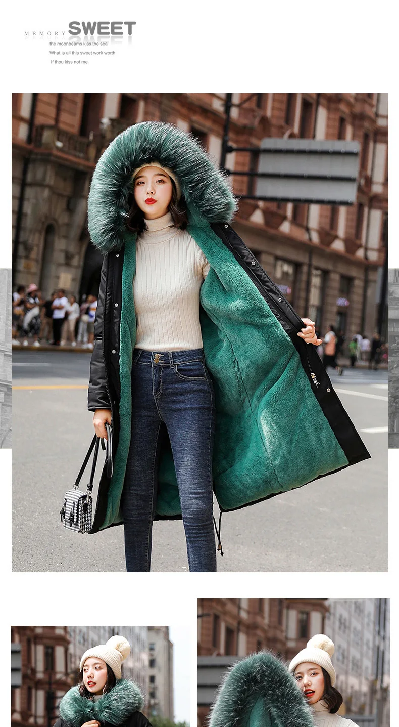 Высококачественная Повседневная зимняя куртка, женские парки mujer, длинное плотное теплое бархатное пальто, женские толстовки с меховым воротником, верхняя одежда - Цвет: Зеленый