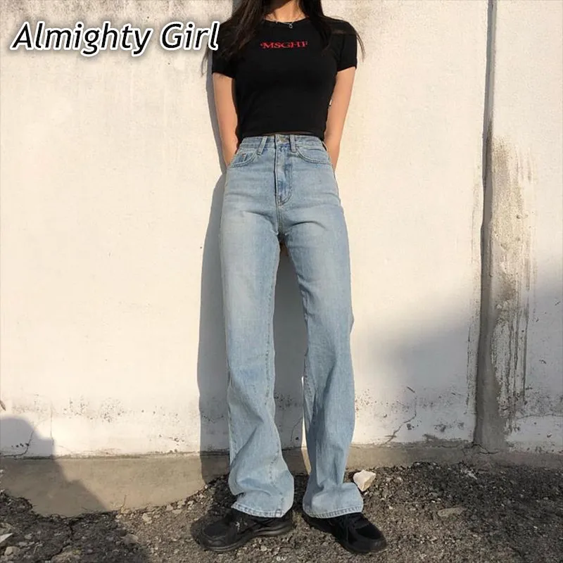 Jeans a vita alta donna 2021 mamma Denim fidanzato moda solido gamba larga  Casual Vintage pantaloni larghi larghi pantaloni larghi Korean0123|Jeans| -  AliExpress