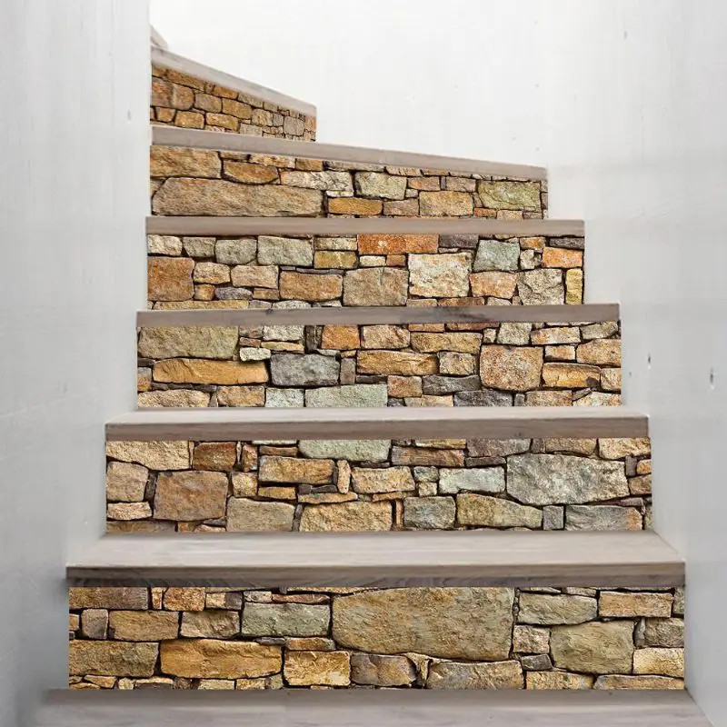 6Pcs/set 3D Stone Staircase Stair Riser Floor Sticker Self Adhesive DIY Stairway Waterproof PVC Wall Decal | Дом и сад