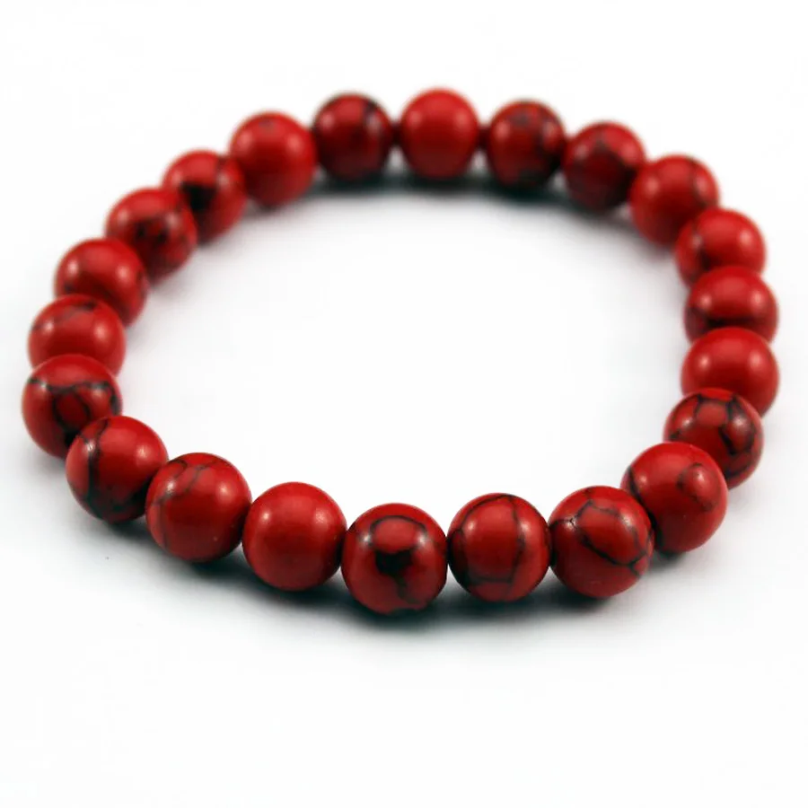 Red Turquoise Браслет из бисера 8 мм натуральный камень Лава тигровый глаз черный ониксовый матовый бусины из лечебных камней браслет стрейч Шарм Йога для женщин мужчин ювелирные изделия - Окраска металла: Red Turquoise
