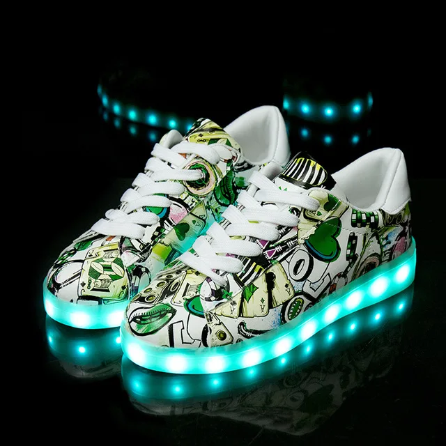 Size 30-44 Kids Luminous Sneakers for Girls Boys Women Shoes with Light LED Shoes with Luminous Sole Glowing Sneakers LED Shoes - Цвет: X2-Green