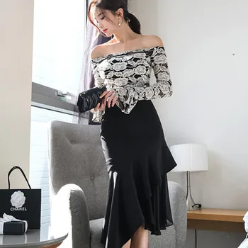 

Spring office OL Work 2 piece Set women Elegant Sexy See through Lace blouse + Bodycon Mermaid Skirt Suit