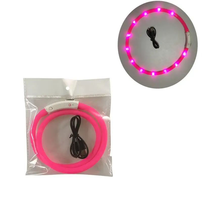 USB Charging Pet Dog Collar Adjustable LED Rechargeable Night Flashing Luminous Dog Collars Plastic Solid Neck Collar for Dogs - Цвет: Розовый