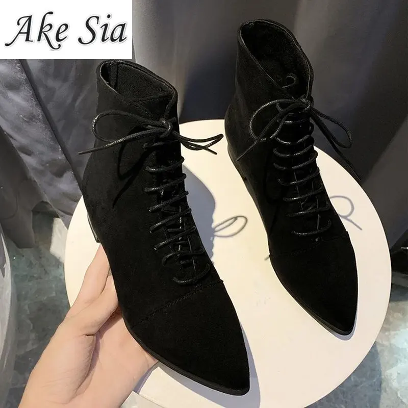 2020 nouveau hiver dames pointu épais avec sauvage noir bottines femme daim côté avec mode dentelle bottes courtes mujer | AliExpress