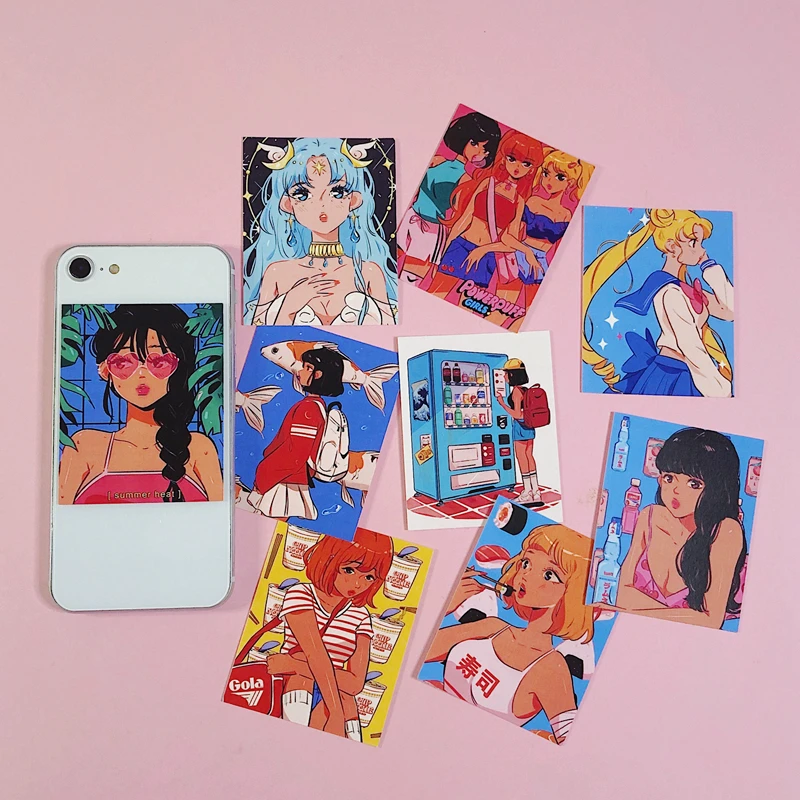 

Ins Retro Nostalgic Anime Girl Card Style Stickers Homestay Wall Decoration Suitcase Mobile Phone Shell Cute Popular DIY Sticker