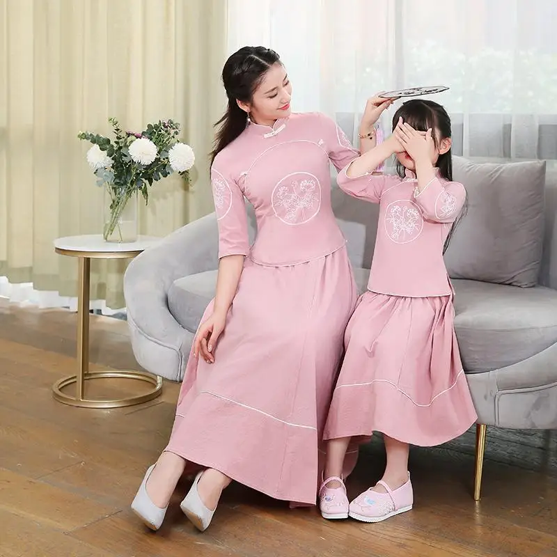 Костюм ханьфу для мамы и дочки, Cheongsam для мамы и дочки,, вечерние платья для мамы и дочки, одежда для всей семьи, Qipao