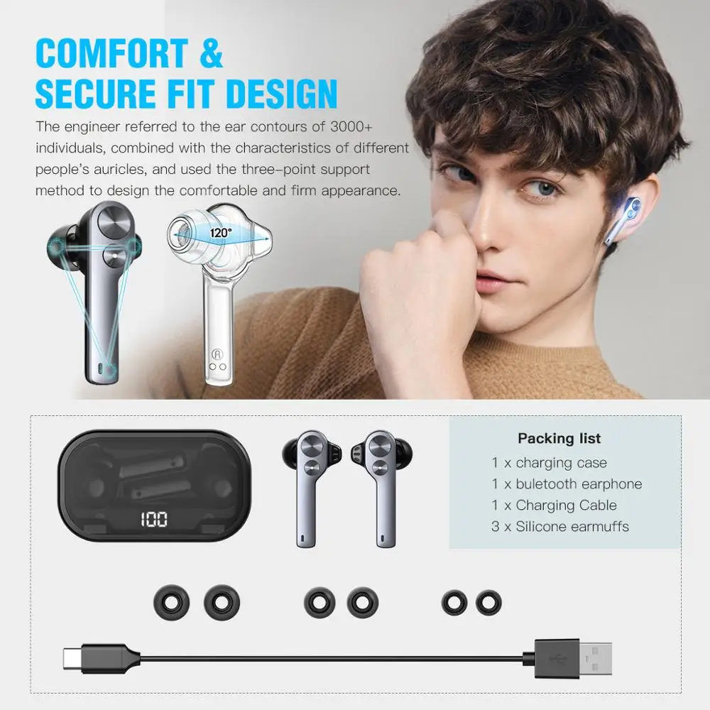 LYMOC Double Dynamic Wireless Headsets Bluetooth 5.0 Earphones TWS in-Ear Stereo Auriculares Double Microphone Noise Cancelling