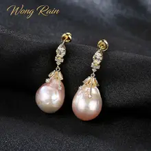 Wong lluvia Vintage 100% de Plata de Ley 925 perlas de gota de piedras preciosas pendientes de oro amarillo, pendientes de regalo de joyería fina al por mayor(China)